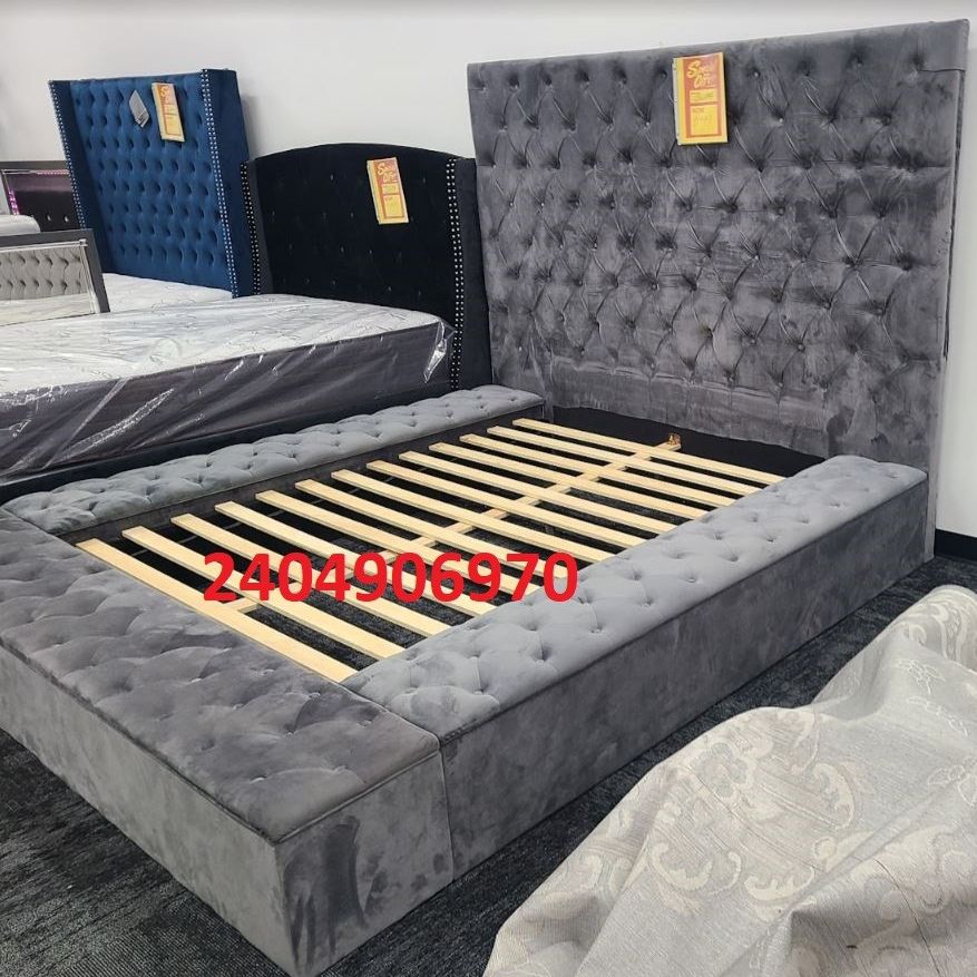 Close Out Special Gray Color Velvet Queen Size Storage Platform Bed Frame