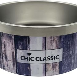 Chic Classic Insulated Double Wall Dog Cat Bowl - 64oz Stainless Steel Dog Bowls Food & Water - Cats & Dogs Wooden Pattern Pet Feeder - Non-Slip - NIB