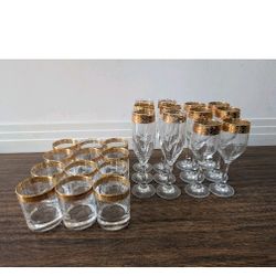 Lot Of 24 Gold Trimmed Lace Design Glasses Water Wine Champagne 
