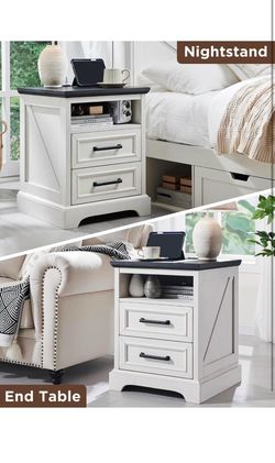 ACCOHOHO 18" Farmhouse Nightstand with Charging Station,End Table with 2 Drawers Storage,Side Table,Bedside Cabinet for Bedroom,Living Room,Antique Wh
