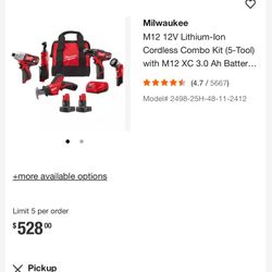 Milwaukee M12 12V Lithium-Ion Cordless Combo Kit (5-Tool) with M12 XC 3.0 Ah Battery Pack (2-Pack)