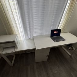 White Adjustable Desk / L-Shape Desk with Cabinet & Drawer