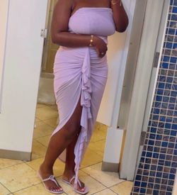 Lilac Strapless Ruching Maxi Dress with Ruffle Slit