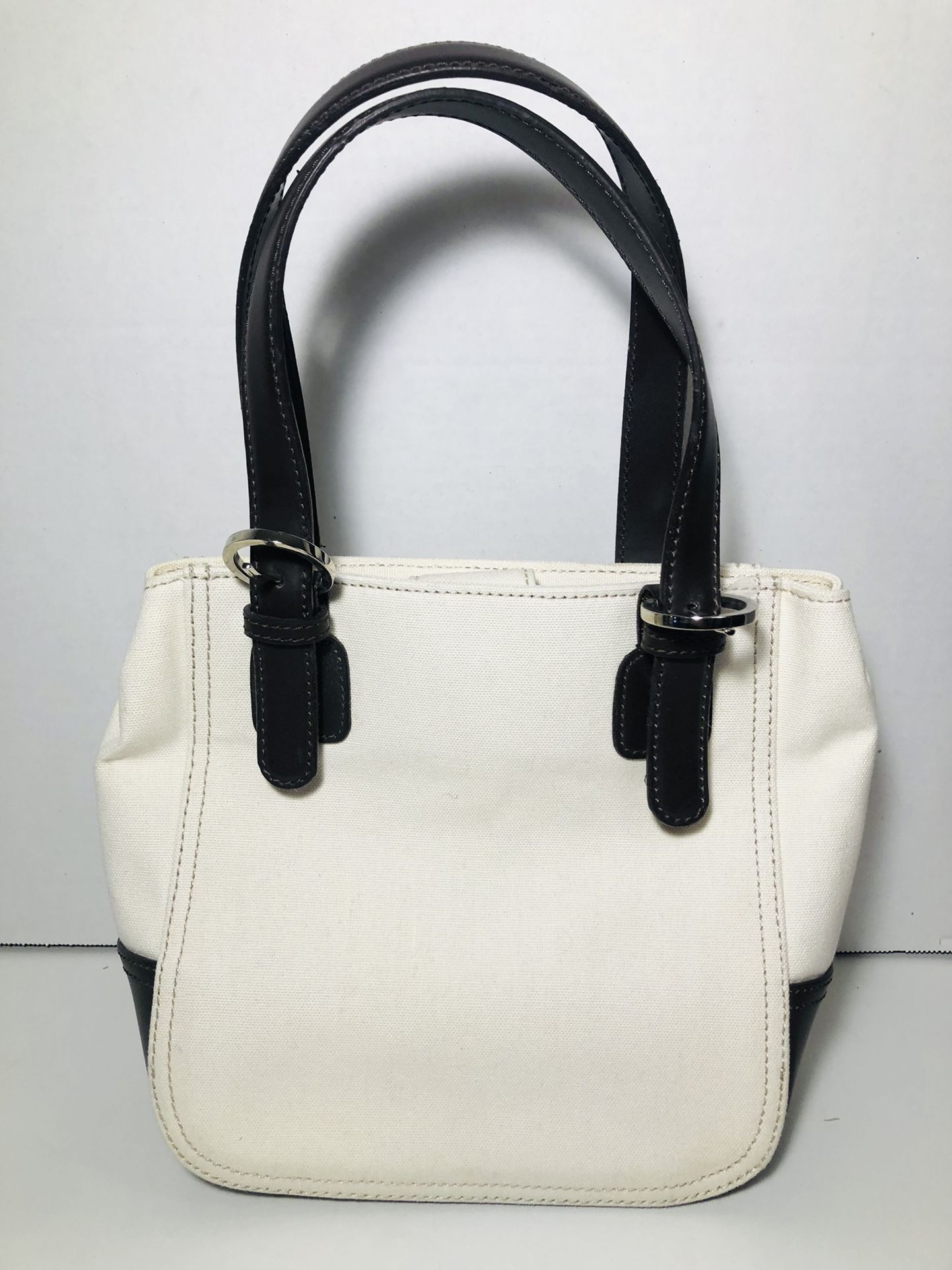 liz claiborne Mini Handbag. Cream With Brown Leather Accents Excellent Condition 