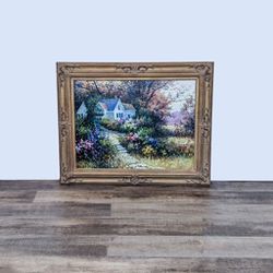 Charming Country House And Garden Oil Painting in Ornate Gold Frame