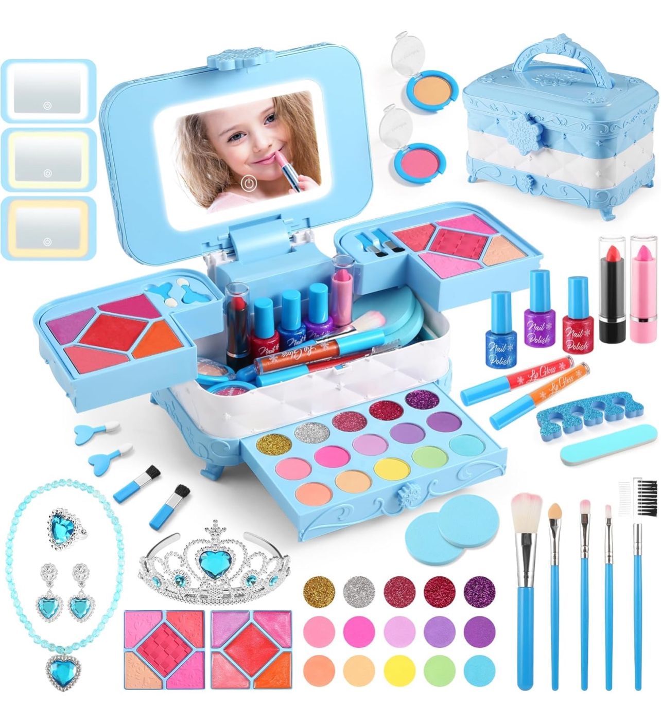57 in 1 Kids Makeup Kit, with 3-Color Led Makeup Mirror Real Washable Makeup for Kids, Perfect Girl Birthday Gift, Age 3+