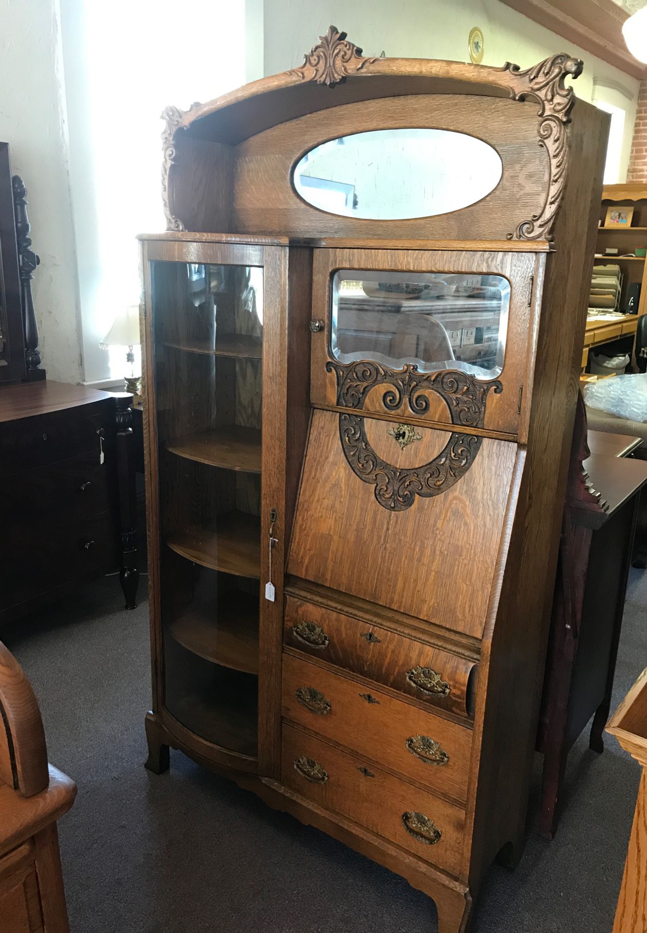 Antique Oak Curved Glass Side by Side Secretary Bookcase