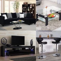 New Black Furniture Set, Bundle Set ( Tv Stand, Coffee Table, 2 Bar Stools And Sectional )