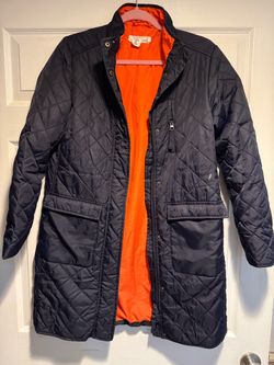 Navy Quilted Zip-Up Jacket with Orange Lining