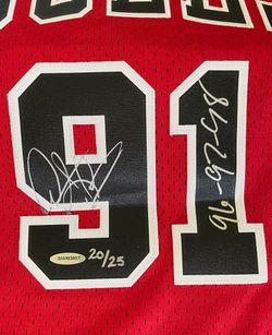 Autographed Chicago Bulls Dennis Rodman Red Adidas Jersey with 96,97,98  Inscription - Upper Deck