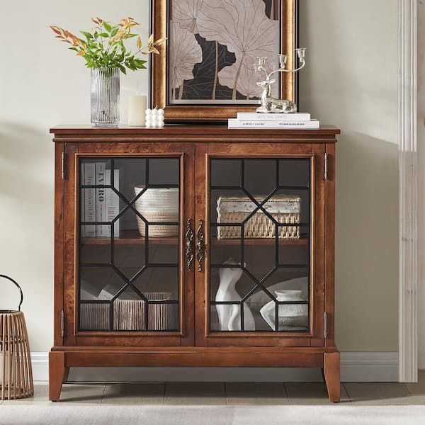 Assembled Antique Cherry Brown Wood 36 in. Sideboard Cabinet with Adjustable Shelves and Glass Doors Kitchen Storage Buffets