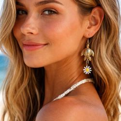 Golden Sea Turtle Daisy Flower Earrings Summer Vibes Jewelry