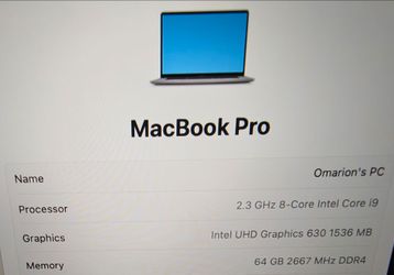 MacBook Pro 2019 - 64GB RAM - 2 TB HD - i9 Intel core processor