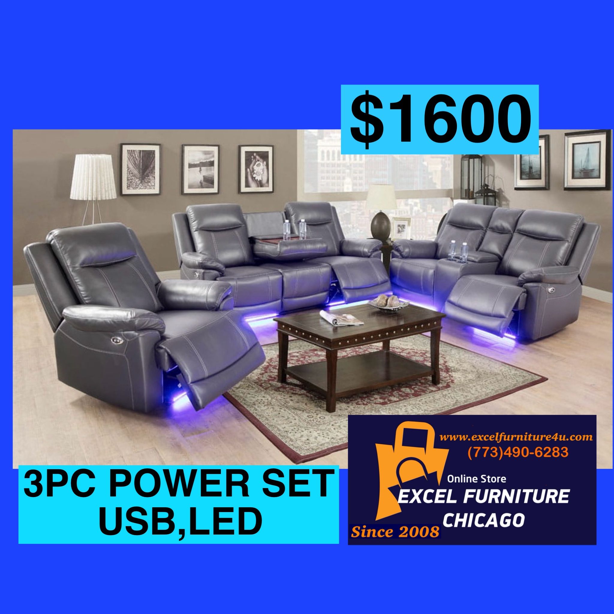 💥FREE DELIVERY💥Brand New POWER, LED, USB 3PC Reclining Sofa Loveseat Chair Set