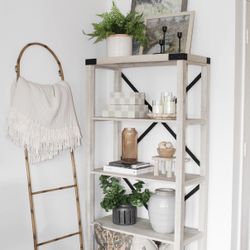 Bookshelf — Width is 30”. Height is 64”. Depth is 14”