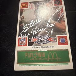 Steve McMichael Chicago Bears SIGNED 1986 McDonalds Card Super Bowl XX green 