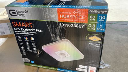 Smart bathroom exhaust fan with integrated Bluetooth speaker and humidity sensing technology. This unit has a choose-a-flow feature for 80 or 110 CFM 