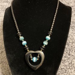 Solid Quartz Necklace With Heart Pendant And Gold Accent Beads/light Blue Stones
