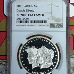 2021 Cook Islands Double Liberty PF 70 Ultra Cameo Silver $1 Coin