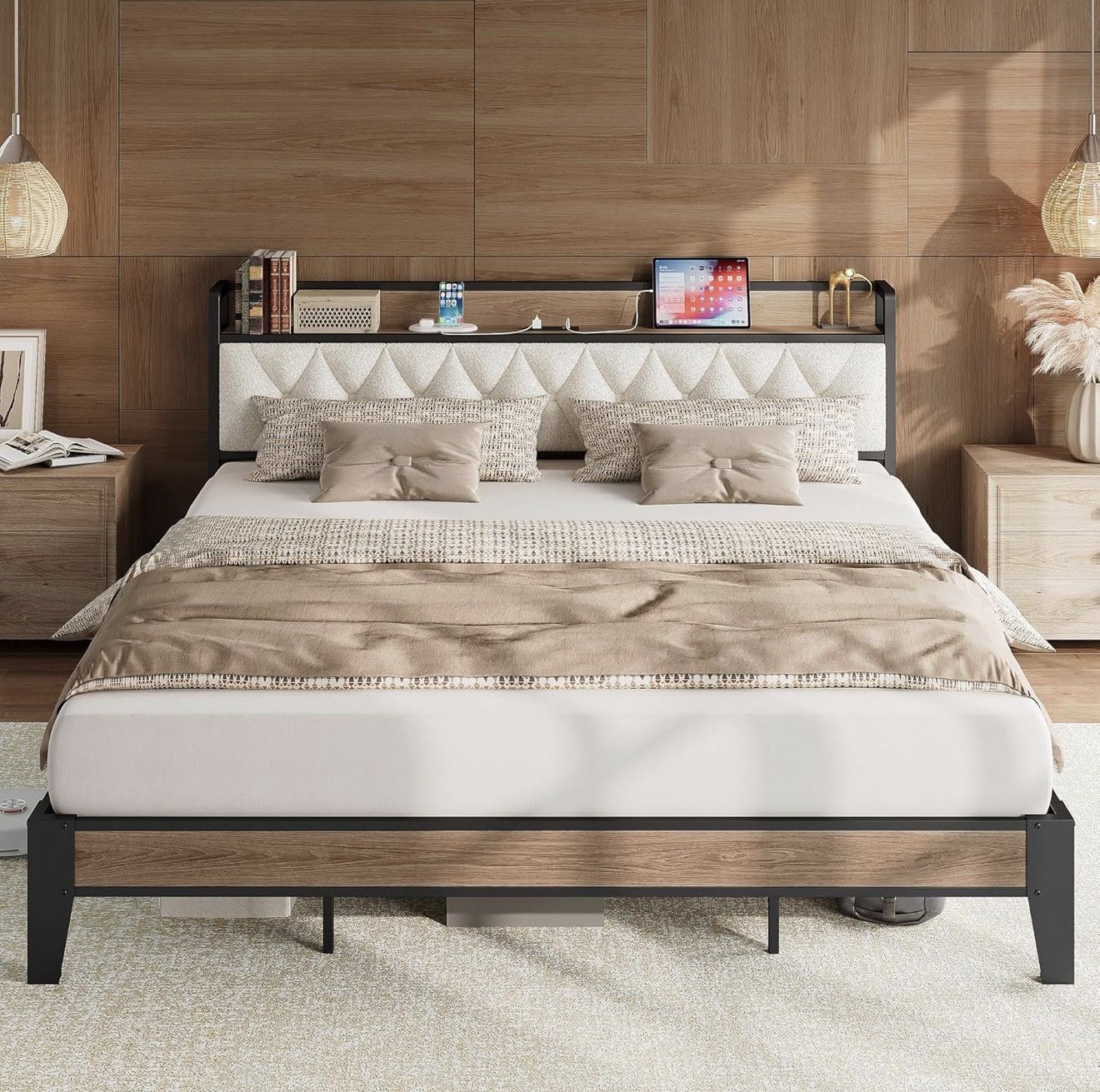 Mattress and Bed Frame with Headboard and Charging Station - California King