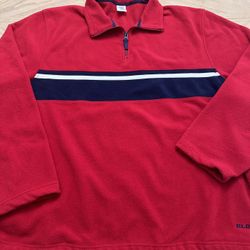 VTG Old Navy Mens Red 1/4 Zip Pullover Fleece Spellout Jacket Pockets Stripe XXL