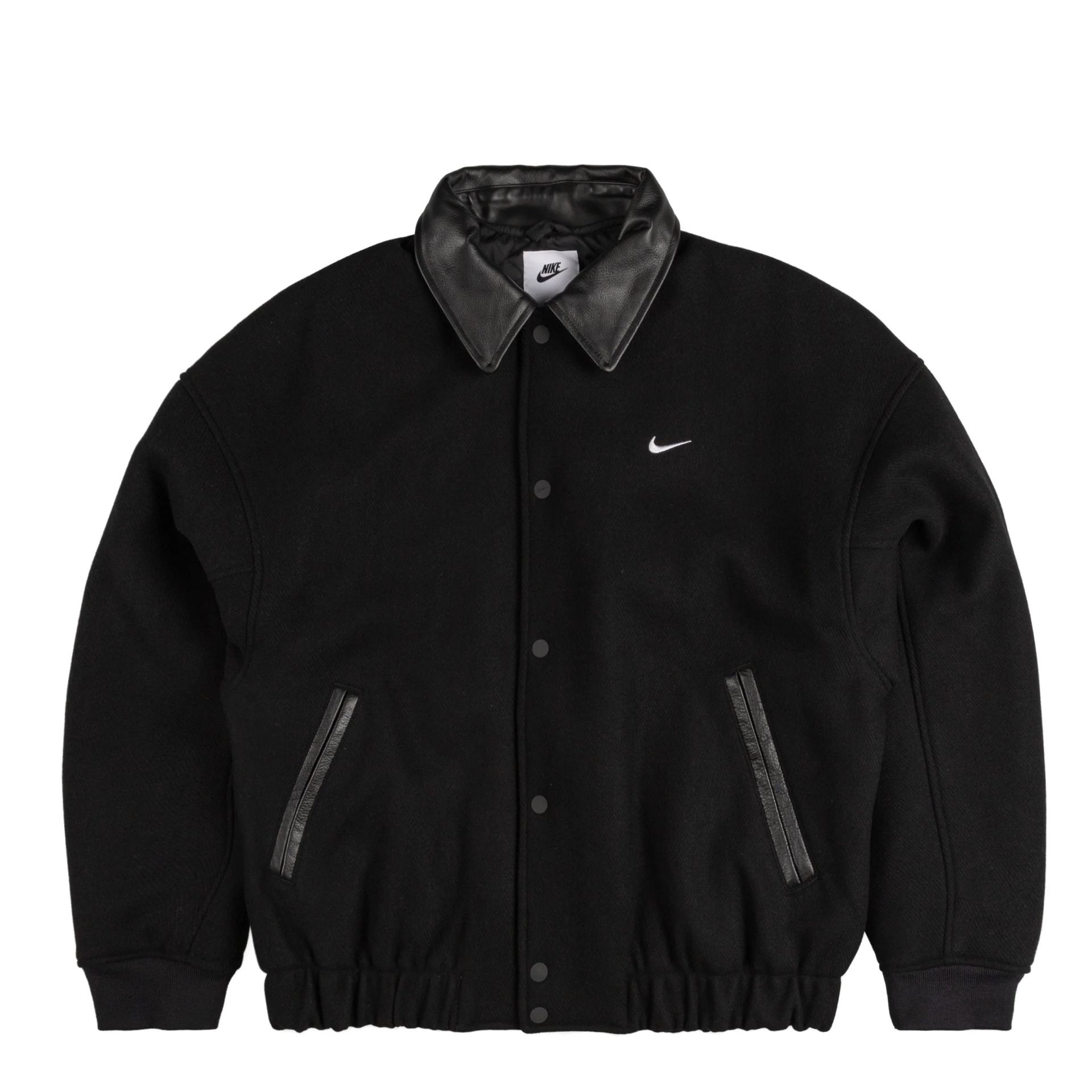 Nike Solo Swoosh Wool Varsity Jacket Leather Black FZ1168 010 Men