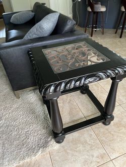 Wood and Iron End Tables with Glass Top