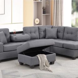 Grey Sectional Sofa With Storage Ottoman Brand New