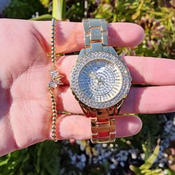 Combo~2Pcs Set Fashion Women Watches Luxury Brand Wristwatch Quartz Bling Iced Watch and Bracelet Gift Set
