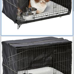 Double Door iCrate Starter Kit, 36-inch Dog Crate Bundle for Medium to Large Breeds, Includes Cage, Pet Bed, 2 Bowls and Privacy Cover