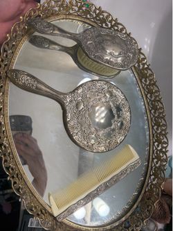 Vintage mirror and hair brush set