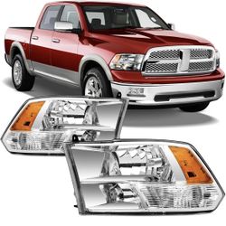 Headlights Assembly For 2009–2018 Dodge Ram 1500, 2500, 3500 W/Halogen Quad Headlamp,Clear Lens & Chrome Housing-one Pair pack
