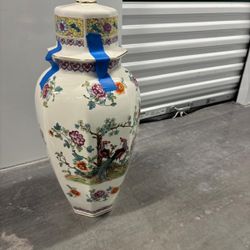 Vintage ceramic lidded 6 sides vase .  27” porcelain made Italy Asian bird floral design .. $150