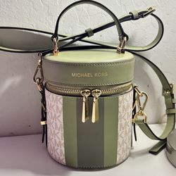 Michael Kors Bedford Travel Medium Leather Logo Stripe Crossbody Bag in a green multi-color