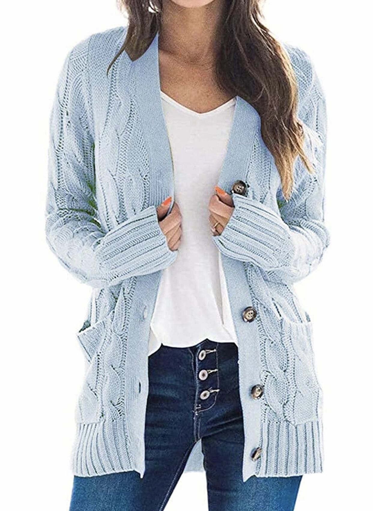 Women's Open Front Cardigan Sweaters Long Sleeves Cable Knit Outwear Chunky Knitwear Coat with Pockets (size Large)