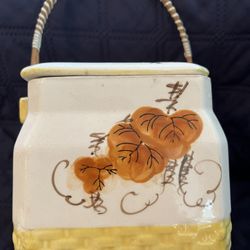 Vintage Ceramic Japanese Biscuit Box with bamboo handle - 5”x5”