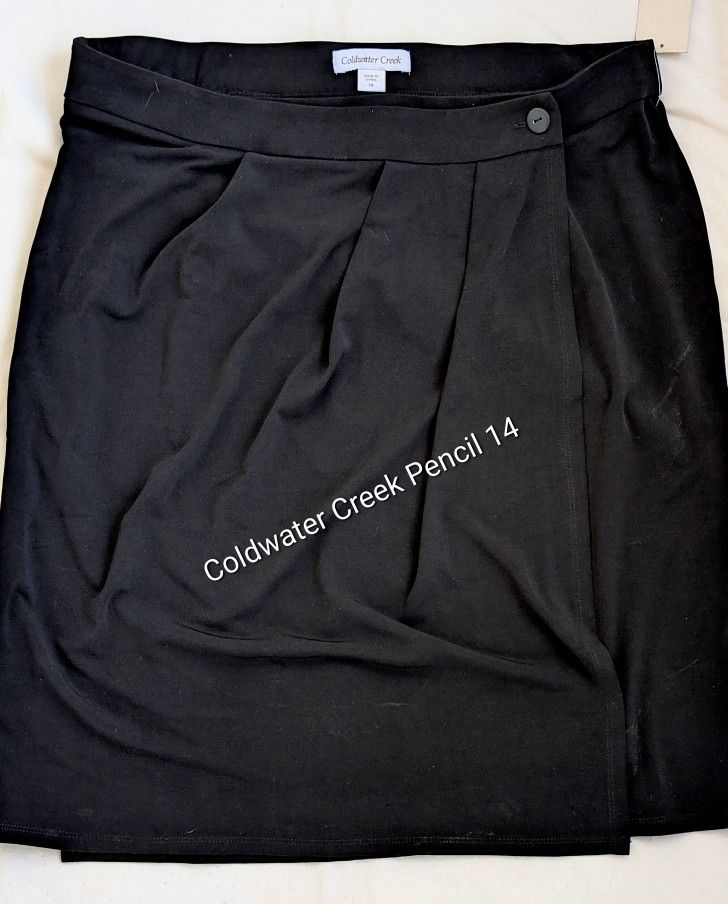 New Womens Classy Slinky Black Coldwater Creek Pencil Skirt 14 Large. Waist 35-37, Length 22 3/4" Polyester 92%, Spandex 8%, Elastic Waist 1 1/2", 2 B