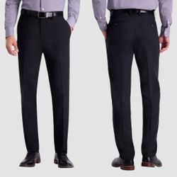 Haggar H26 Men's Flex Series Ultra Slim Suit Pants - Black 34x30: Lightweight Polyester, Mid Rise, Slim Leg, Zippered Pocket  