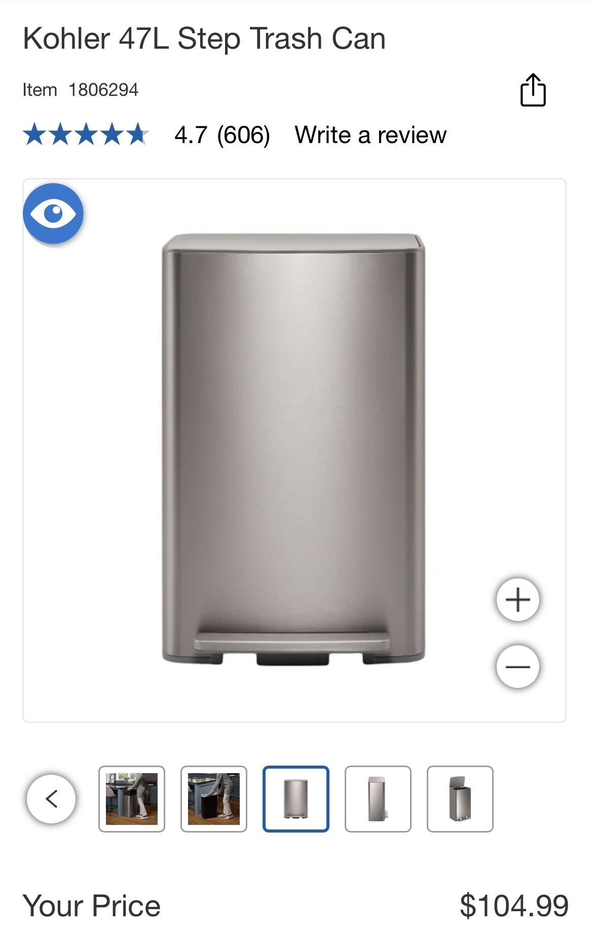 New Kohler 47L Step Trash Can. One pin on pedal broke but still works to open the lead.