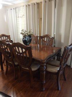 Wooden dining set. 6 Chairs. Includes Extension For Table