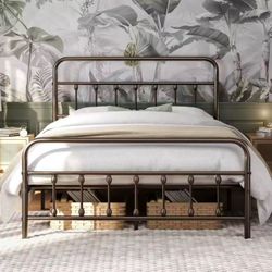 Queen Size Metal Platform Bed Frame Queen Size Bronze Victorian Iron-Art Headboard Footboard Under Bed Storage No Box Spring Needed