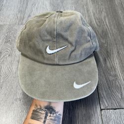 Vintage Nike Corduroy Double Swoosh Hat Cap Taupe Adjustable Distressed