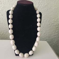 Vintage Statement Necklace White Iridescent Ceramic Beads Silver Tone 22"