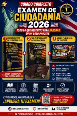 Combo Ciudadanía Americana 2026 – Libro + 128 Flash Cards + Videos
