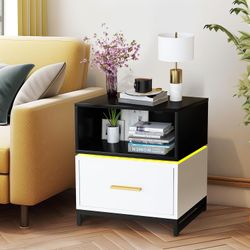 Black & White End Table / Side Table / Nightstand w/ Color LED w/ Remote & USB Port [NEW]  **Assembly Req. 