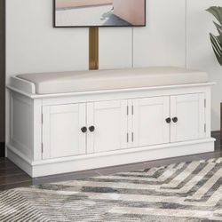 Farmhouse Storage Bench for Entryway,Wood Storage Benches with Adjustable Shelves,Shoe Bench with Storage and Removable Cushion for Entryway,White