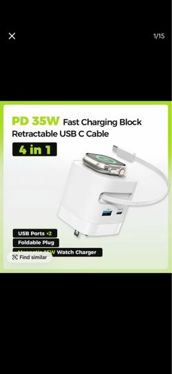 Tessan 35W Retractable USB-C Mobile Wall Charger Block with Built-in Wireless Smart Watch Charging