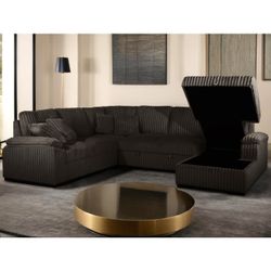 Brand New Black/Brown/Biege/Gray Jumbo Corduroy Sectional With Pullout Sofa And Storage Chaise