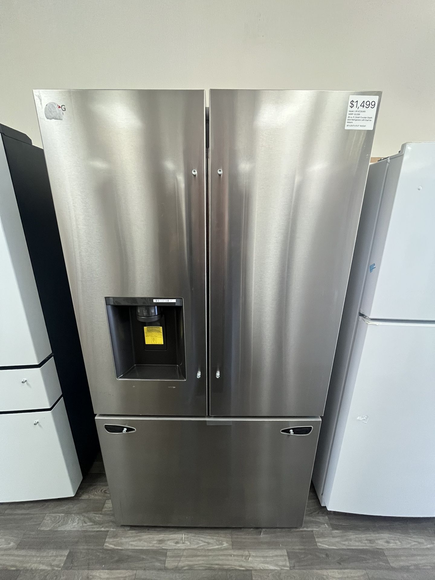 Counter Depth 36”W LG Fridge, Open Box, Minimal Wear, One Yr Warranty