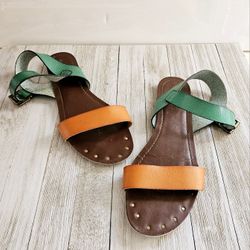 Size 11 Mossimo Supply Co. Green and Orange Leather Strapped Buckled Women's Ladies Utility Style Sandals Flats. Pre-owned in excellent condition. No 